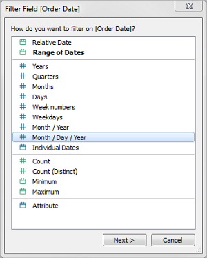 A Filter Field dialog box with options for filtering on order date with the discrete date option selected.