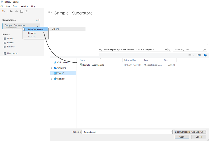 A Tableau window showing a connection to a Microsoft Excel file.