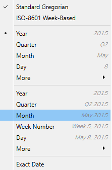 Context menu for the YEAR([Ship Date) measure with the month option highlighted.