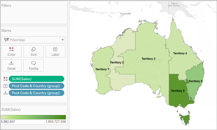Group Post Code & Country fields displayed within six territories in a map of Australia.
