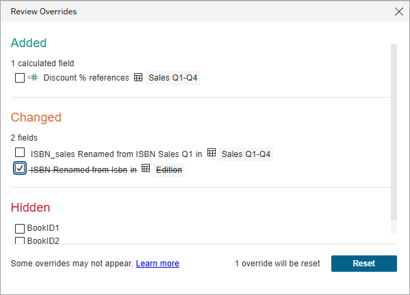 a sample review overrides dialog, showing added, changed and hidden overrides