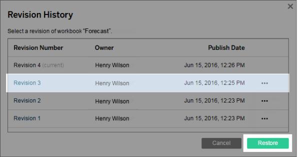 Option to restore a previous workbook revision.