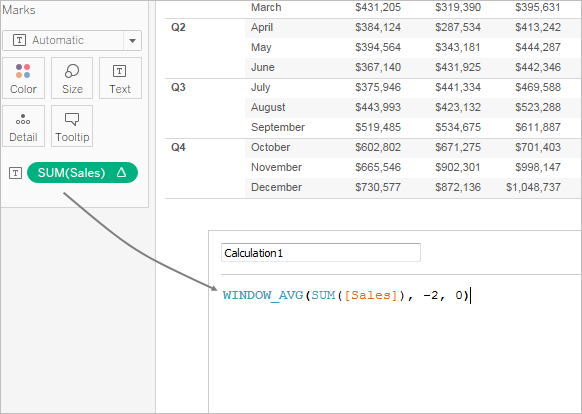 The calculation editor showing the underlying calc for a table calc