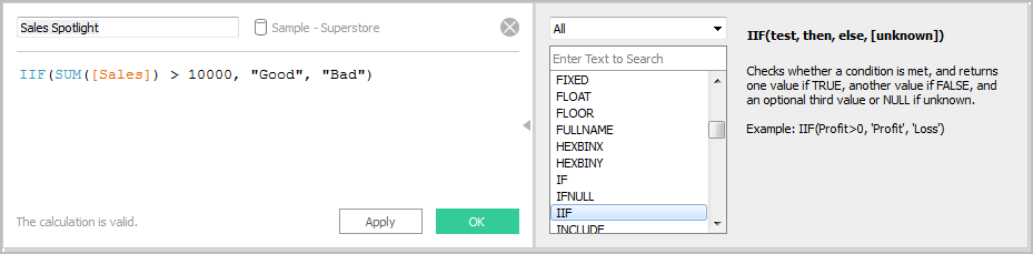 Calculation dialog showing a formula that uses the IIF function to check whether a condition is met, and returns one value if true, another value if false and an optional third value or NULL if unknown.
