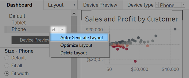 Dashboard unlock icon and context menu expanded, with the Auto-Generate Layout option selected.