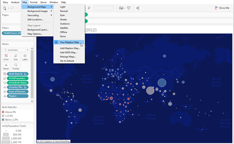 Map menu expanded with "background maps" and "your mapbox map" selected.