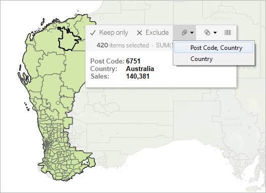 Map of Australia with the Post Code, Country level of detail option selected from the tooltip.