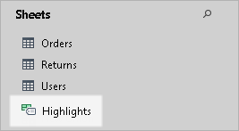 A list of spreadsheets: Orders, Returns, Users and Highlights.
