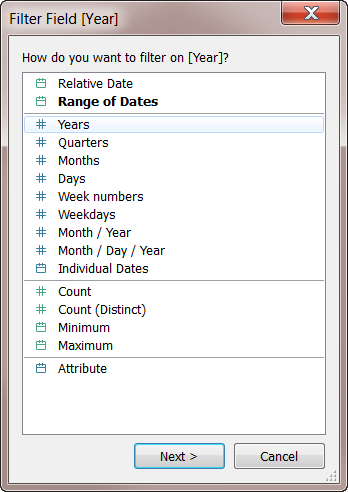 A filter field dialog with a list of options for filtering data by year.