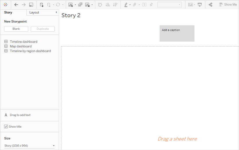 A blank canvas for a story point in Tableau.