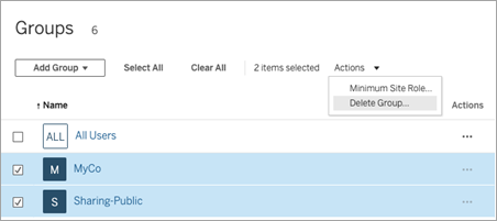 Groups page showing two groups selected and the Delete Group action highlighted.