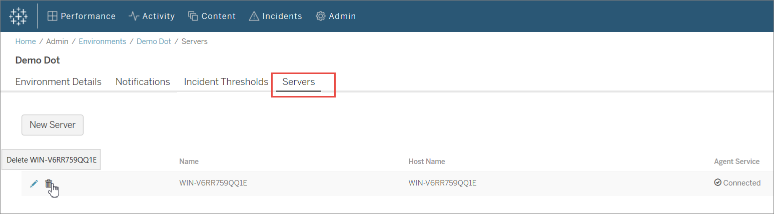 The Servers control panel within the Demo Dot environment.