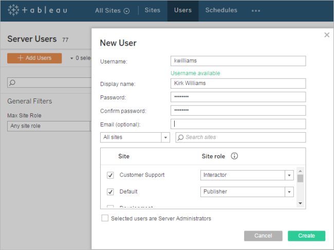 A form to add a new user on Tableau Server.