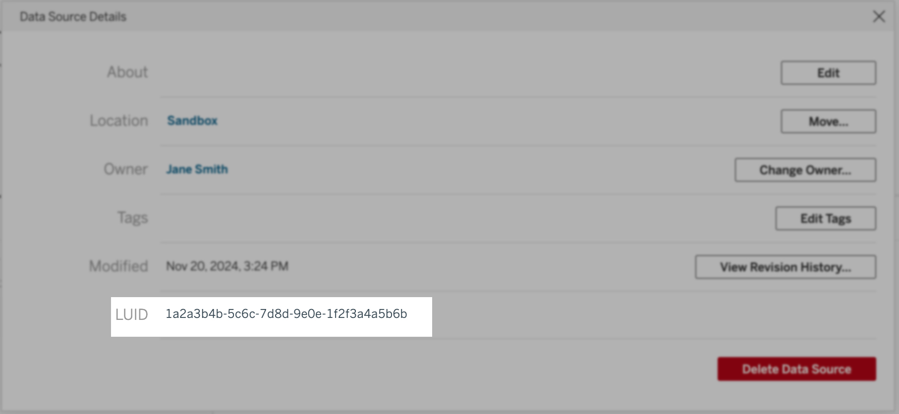 Tableau Data Source Details screen with the data source LUID emphasized