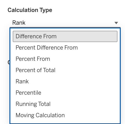 Calculation Type Rank dropdown menu