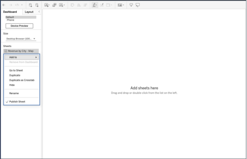 A dashboard interface displaying a sheet context menu.
