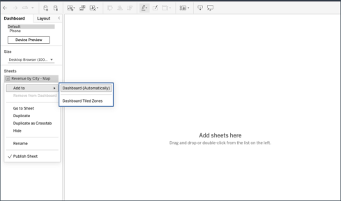 A dashboard interface displaying expanded automatic and tiled zone placement options.