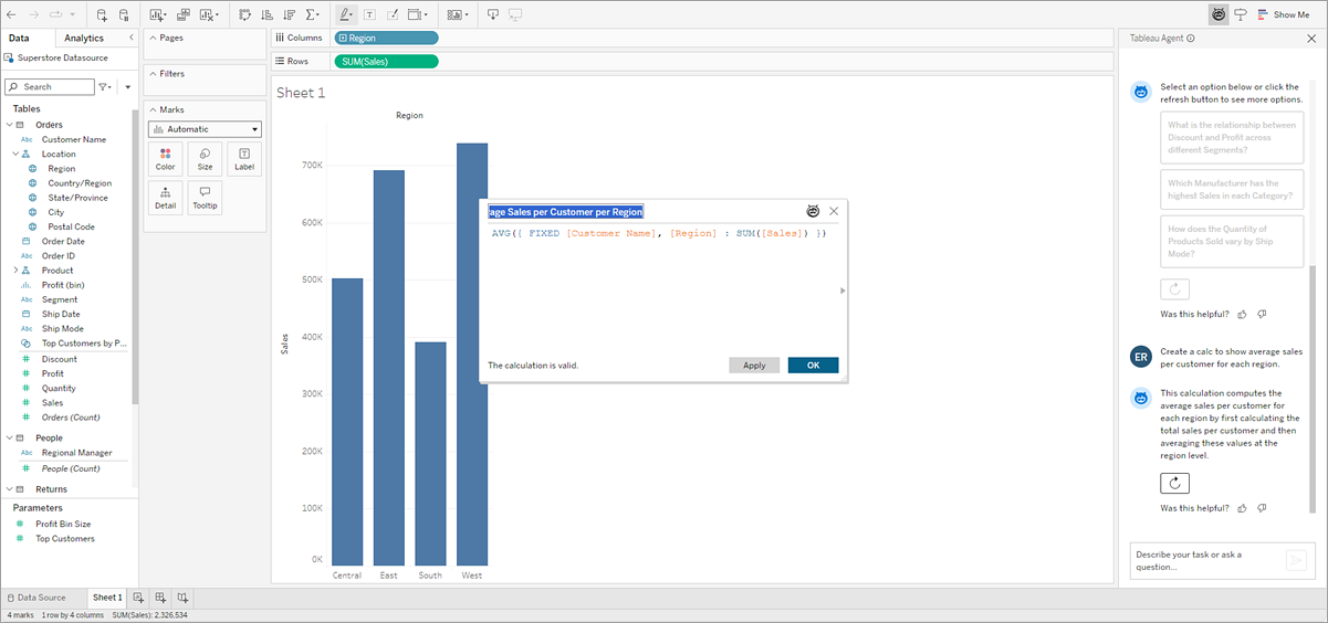 A worksheet with a bar chart and the calcuation editor dialog open, showing a calculation created by Tableau Agent.