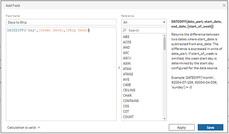 The Calculation Editor showing a formula to calculate the difference between two dates.