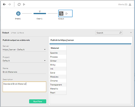 The Tableau Prep flow Output pane where you select the server and project where you want to publish the data role.