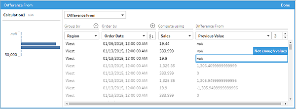 The Difference From dialog showing a tooltip "Not enough values" when there are not enough values available to calculate the difference between rows.