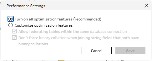 Tableau Prep Performance Settings dialog.