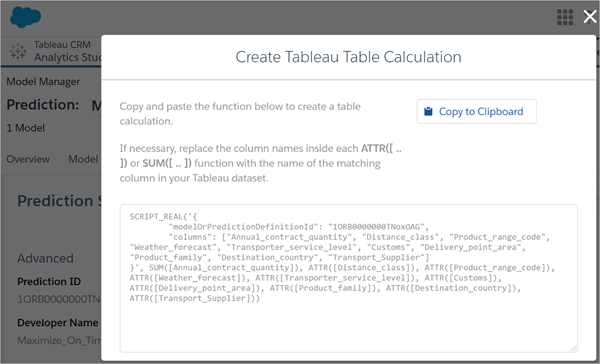 A Tableau table calculation window with a code snippet.
