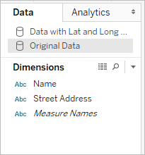 Data pane showing the name, street address, and measure names dimensions.