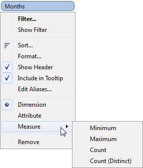 A graphic depicting how to
aggregate a dimension using the options in the field's context menu.