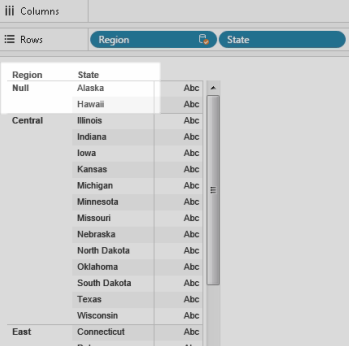 A table displays Alaska and Hawaii assigned to the region Null.