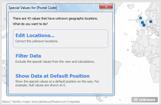 Special Values dialog box with options to edit locations, filter data, or display data at a default position.