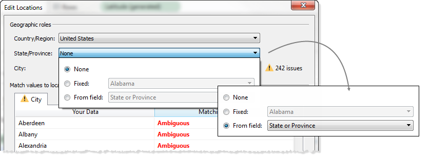 Edit Locations window with the State/Province dropdown list expanded, showing a change from None to From field (state or province).