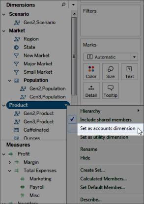 A dropdown menu with the option "Set as accounts dimension" chosen.