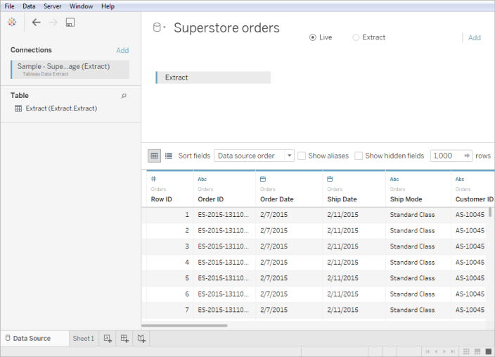 Example of a Tableau Data Extract file data source using Tableau Desktop on a Windows computer.