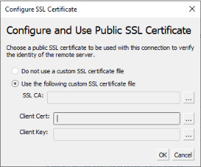 Configure SSL Certificate dialog box with a prompt to select a public SSL certificate.  The Custom SSL certificate option is selected and the cursor is in the Client Cert field.