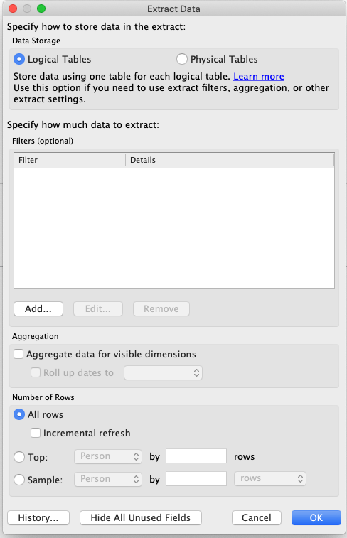 Extract Data dialog with options to specify data storage and extraction settings.