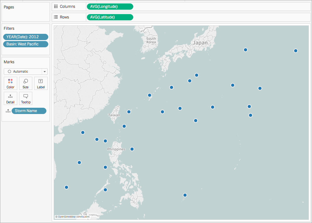 A map with blue circles distributed across the western Pacific Ocean representing storm locations.