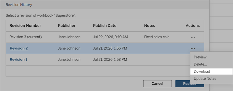 Context menu for a revision with option to  download.