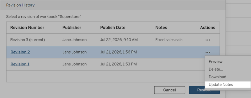 Context menu for a revision with option to update notes.