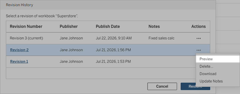 Context menu for a revision with option to preview.