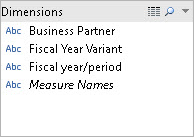 A list of dimensions, including business partner, fiscal year variant, fiscal year/period, and measure names.