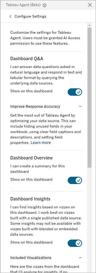 Tableau Agent Configure Setttings pane.