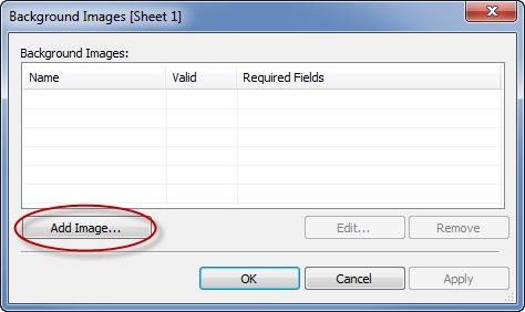 The background Images dialog box with fields for Name, Valid, and Required Fields, along with buttons for Add Image, Edit, Remove, OK, Cancel, and Apply.
