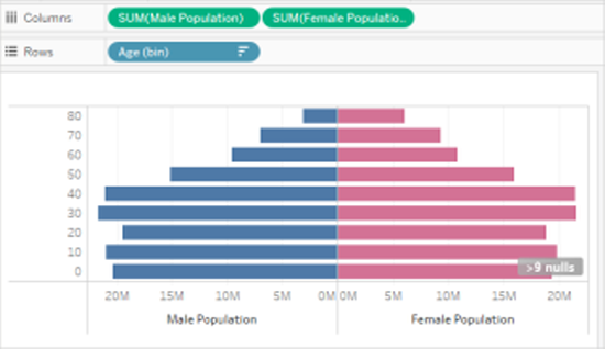 Bar chart illustrating the comparison of male and female populations by age group.