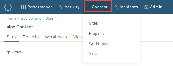 Tableau Resource Monitoring Tool content menu.
