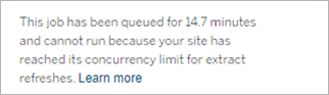 A notification stating that a queued job cannot run because the site reached its extract refresh concurrency limit.