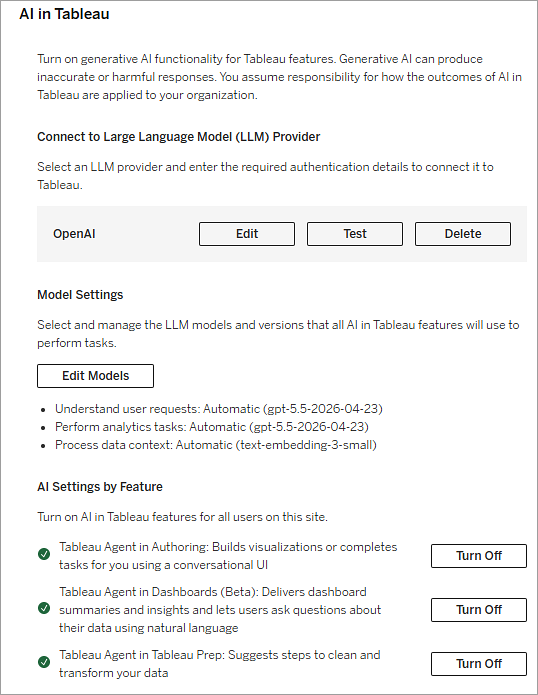 AI in Tableau site setting for Tableau Server.