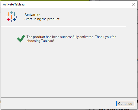 Una marca de verificación verde que confirma la activación exitosa de Tableau.
