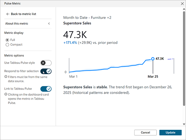 Opción de filtro de objetos del dashboard de Pulse