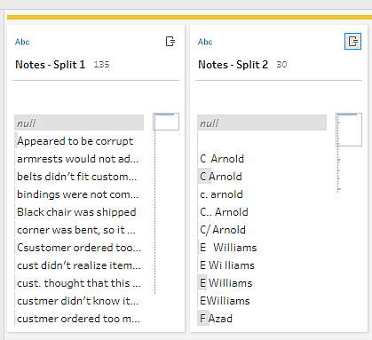 Tableau Prep divide automáticamente las notas de devolución y el nombre del aprobador en campos separados.